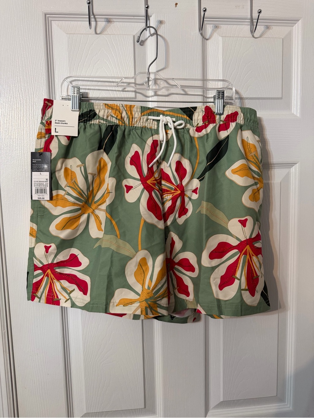 Men's Floral Drawstring Swim Trunks - Sage Green with Red & Yellow Blooms
